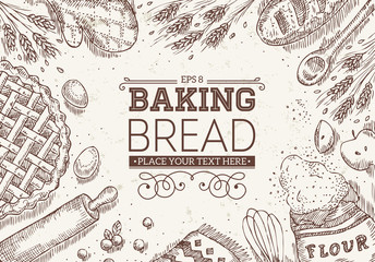 Vintage bread top view illustration. Bakery design template.