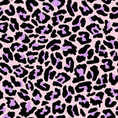 Leopard fur texture seamless pattern. Exotic animal design. Vector illustration background with pastel pink and purple colors.