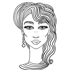 Doodle girls face. Womens portrait for adult coloring book. Vector illustration.