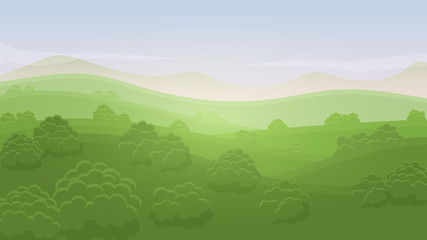 Green landscape summer rural valley nature banner hills template with sky, mountains, bushes and meadows