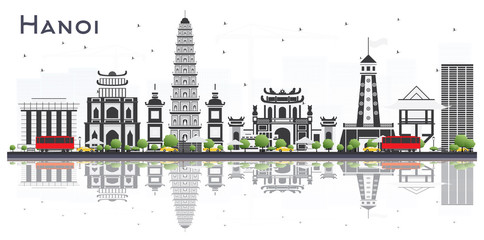 Obraz premium Hanoi Vietnam City Skyline with Gray Buildings and Reflections Isolated on White Background.