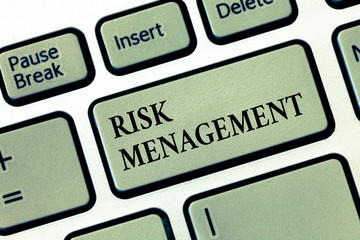 Handwriting text Risk Management. Concept meaning evaluation of financial hazards or problems with...