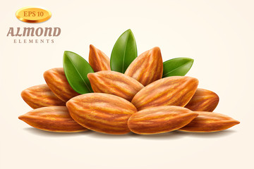 Pile of 3d almond nuts or heap of hazelnuts