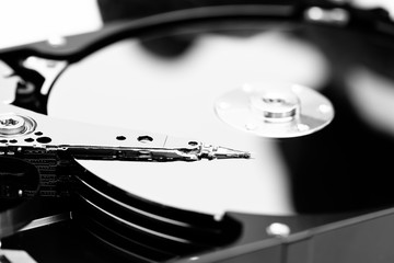 Closeup of a hard disk drive.