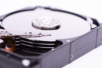Closeup of a hard disk drive.