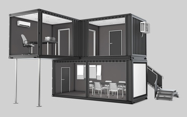 Converted old shipping container into office, 3d Illustration isolated gray
