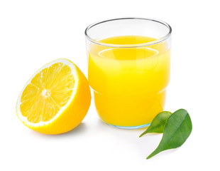 Glass of fresh lemon juice on white background