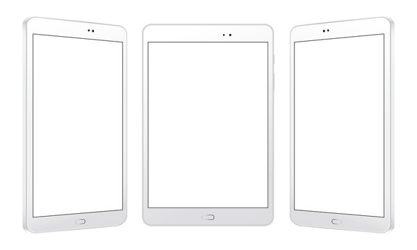 White tablet computers mockups in front and side view. Three responsive screens to showcasing your mobile web site design. Vector illustration
