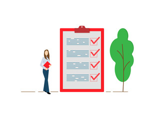 Positive business woman with a giant pencil on his shoulder nearby marked checklist on a clipboard paper. Successful completion of business tasks. Flat vector illustration.