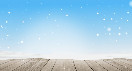 winter wooden ground with snowflakes background 3d-illustration
