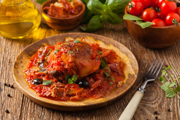 Traditionally made chicken in tomato sauce cacciatore.