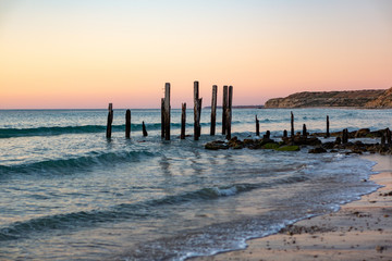 Sunset at the iconic Port Willunga Jetty ruins in South Australia on 22nd September 2018