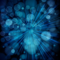 Blue abstract background with rays, bokeh defocused lights.