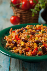 Mexican rice with minced meat and vegetables.