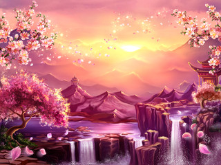 Oriental background, digital art. Illustration of a mountain dawn landscape with sakura blossoms. Can be used as location for games, greeting cards or illustration for books