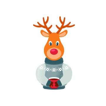 Vector illustration of a Rudolph deer with a cup of hot drink in a sweater with a pattern isolated on white. Christmas illustration. Ugly sweater party.