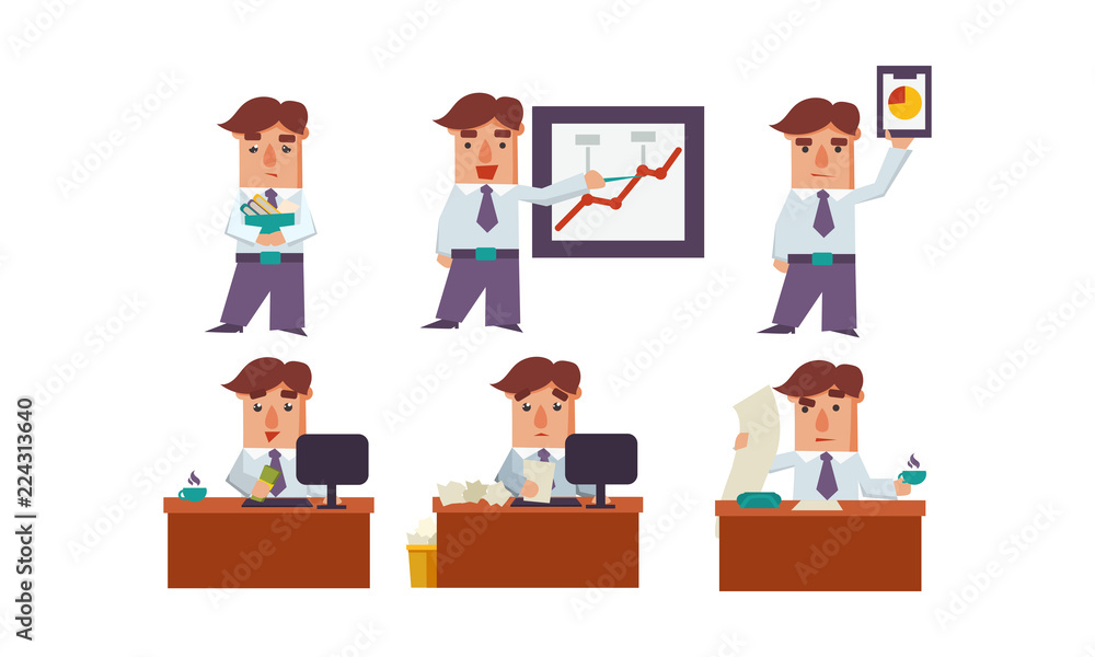 Poster flat vector set of office worker in different actions. businessman in formal clothes. clerk at workp