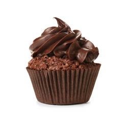Tasty chocolate cupcake on white background