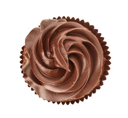Tasty chocolate cupcake on white background, top view