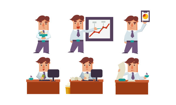 Flat vector set of office worker in different actions. Businessman in formal clothes. Clerk at workplace