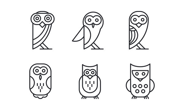 Vector set of 6 different owl. Forest bird. Simple linear icons. Elements for business card, t-shirt print or logo