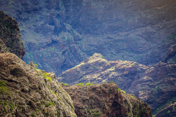 Mountain Landscape of the Masca Gorge. Beautiful views of the coast with small villages in Tenerife, Canary Islands