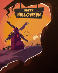Halloween poster. Spooky mill with dead trees.