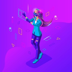 Isometric girl playing in a virtual game. Teenagers are young people with gadgets. Bright hair color, beautiful stylish colors