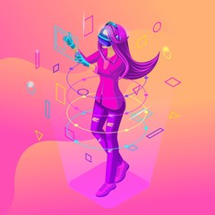 Isometric girl playing in a virtual game. The teenagers are generation Z with gadgets. Bright hair color, beautiful stylish colors on a colorful background