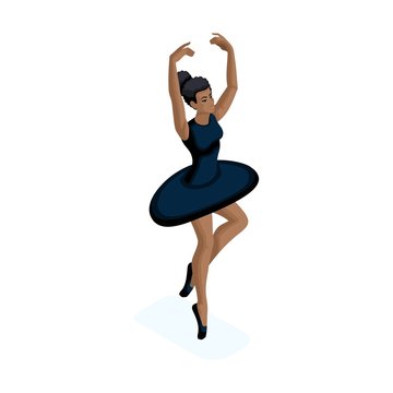 Isometric girl is African-American, she is practicing gymnastics, ballerina, different culture, nationality, young age