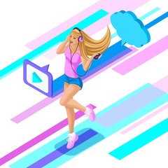Isometric teenage girl listens to music through cloud storage, joy, jump, happiness, hair develops in the wind