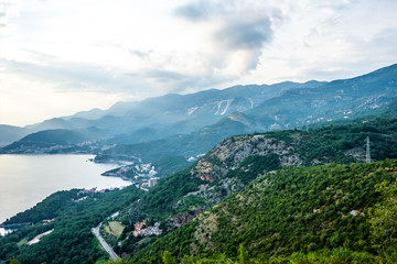 aerial view of Budva riviera, Adriatic sea and mountains in Montenegro