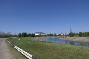 View to the Reactor 4 from a near street, Chernobyl exclusion zone, Ukraine