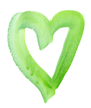 Light green heart painted with single line in watercolor on clean white background