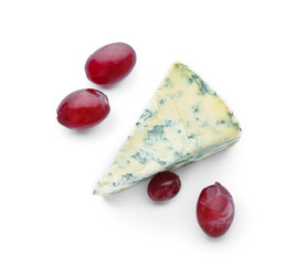 Fresh ripe juicy grapes with blue cheese on white background