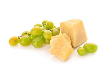 Fresh ripe juicy grapes with parmesan cheese on white background