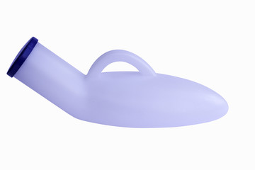  A portable urinal plastic , use in case man can not get up to urinate, white background.