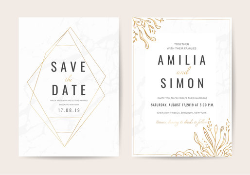 Wedding invitation cards with marble texture background and gold geometric  line design vector.