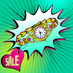 Vector bright colored background in Pop Art style. Illustration with women's wrist watch. Retro comic style