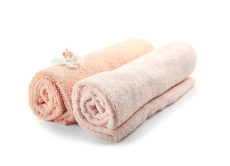Fototapeta na wymiar Clean soft towels on white background