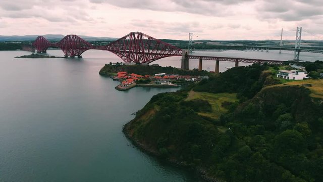 Firth of Forth railway bridge and road bridges - flying above North Queensferry