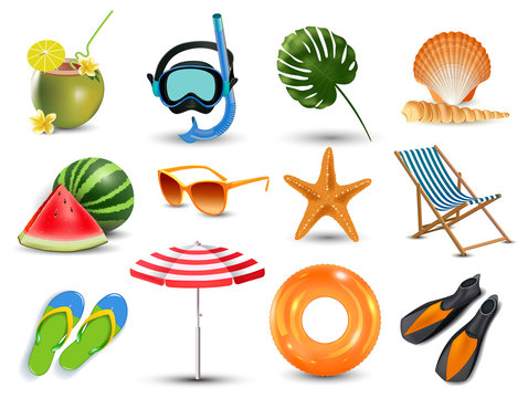 vector illustration of Realistic summer holidays seaside beach icons set isolated on white background
