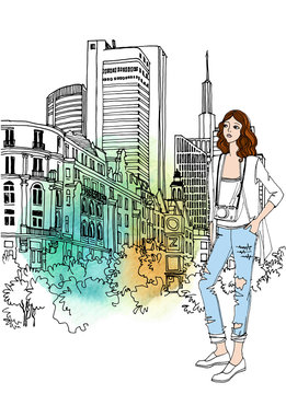 Urban line sketch with landscape of the old European city and pretty girl with camera. Germany Frankfurt am Main. Old street in hand drawn style on white background