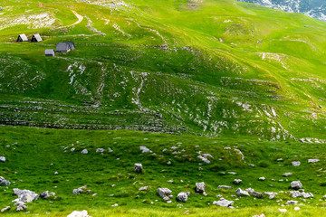 wooden houses on beautiful green valley in Durmitor massif, Montenegro