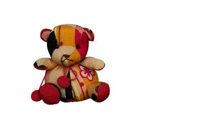 Teddy bear with reddish-black on the white background.