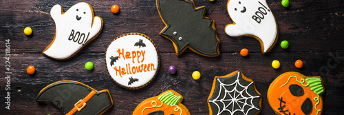 Halloween Gingerbread Cookies - pumpkin, ghosts, bat,  on woden