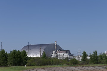 Direct view to the Reactor 4 from a near street, Chernobyl exclusion zone, Ukraine