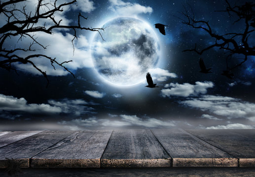 Spooky horror background with empty wooden planks