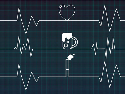 Line of cardiogram with heart and beer and cigarette on Blue background
