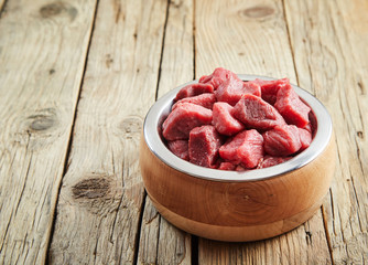 Fresh raw diced meat in a dog bowl
